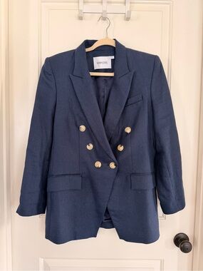 Maria Cher Navy 100% Linen Double Breasted Gold Button Blazer Size L